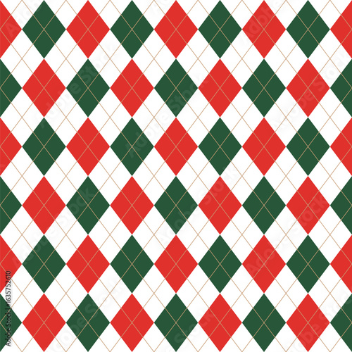 Christmas rhombus seamless pattern. Red and green xmas plaid texture with gold line. Argyle geometric diamond pattern. Christmas abstract wrapping. Vector illustration isolated on white background.