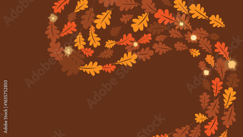 Autumnal display featuring a swirling trail of oak leaves on a brown gradient background design