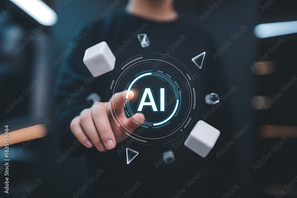 Naklejka premium Person touching glowing ai interface with floating cubes and geometric shapes representing artificial intelligence and technology