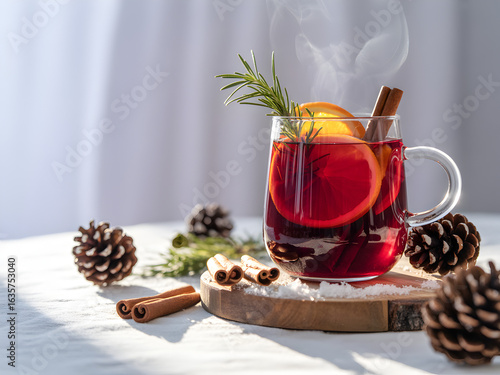 Wallpaper Mural Steaming Glass of Mulled Wine with Orange Cinnamon Rosemary and Pine Cones on Wooden Board Winter Beverage Festive Drink Warm Cozy Holiday Season Torontodigital.ca