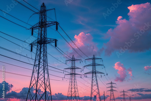 Tall pylons carrying power lines against a colorful sunset sky electricity transmission towers