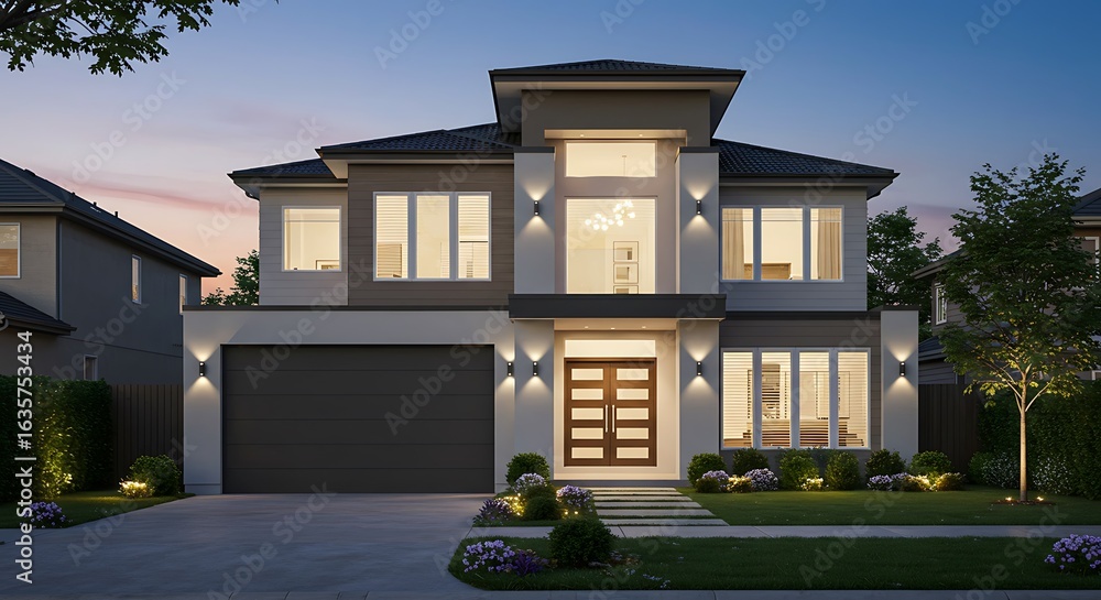 Fototapeta premium Photography spotlight: Modern two-story house with large windows and garage, illuminated at dusk.
