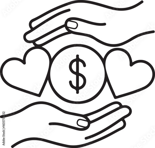 Hands Holding Hearts Dollar Coin Charity Donation Support Vector Graphic