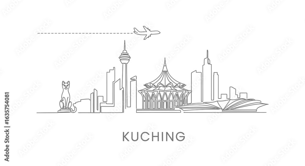 Obraz premium Kuching with Malaysia Skyline, and Minimalist Vector Art.