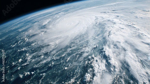 Dramatic hurricane formation viewed from space, showcasing swirling clouds over the ocean.