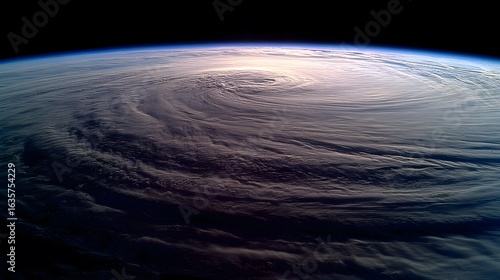 Dramatic hurricane formation viewed from space, showcasing swirling clouds over the ocean.