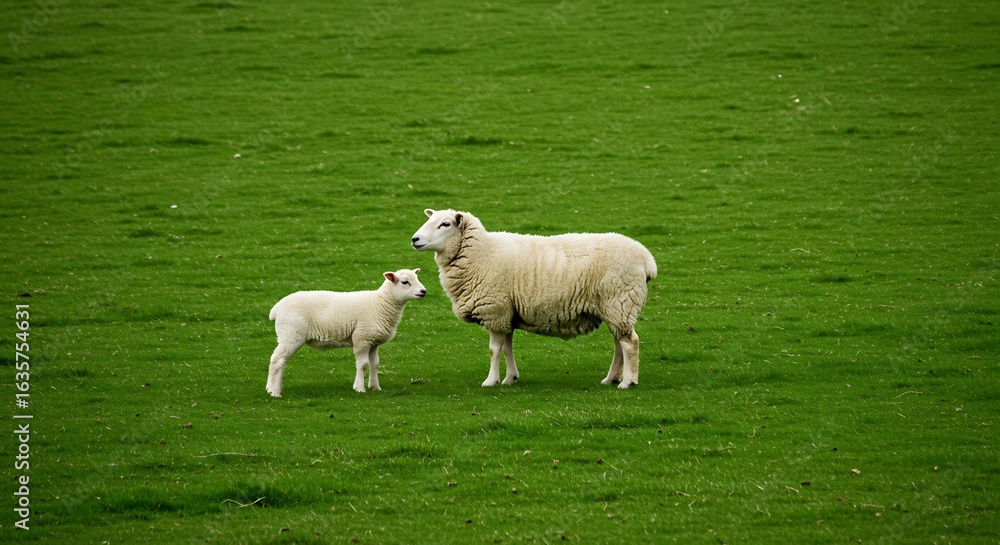 Fototapeta premium Explore the beauty of a mother and baby cotswold sheep standing on a grassland and looking in the same direction