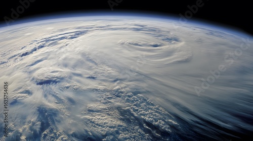 Dramatic hurricane formation viewed from space, showcasing swirling clouds over the ocean.