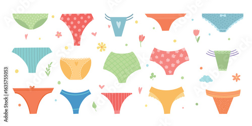 Set of women panties, underwear types string, thong, tanga, bikini. Cheeky, hipster, classic brief, slip, retro high waist or slimming underclothing collection. Cartoon vector illustration