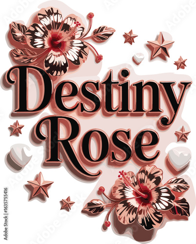 Beautiful Destiny Rose gold lettering with blooming flowers, shiny stars, and elegant hearts, a stylish feminine design element for digital art.