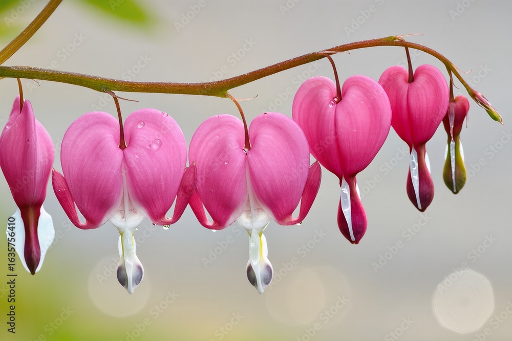 Fototapeta premium Vibrant bleeding heart flowers with dew drops blossom in a lush, spring garden