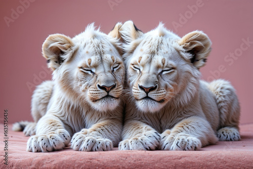 Two white lion cubs resting peacefully together lions