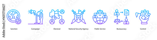 International Affairs web banner icon vector illustration for humanitarian aid, international sanctions, campaigns, electoral policies, national security, and public services across the globe.