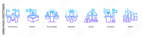 Civil Participation web banner icon vector illustration for civil liberties, election process, human rights, grassroots movements, and legislative systems like senate and executive branches.