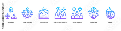 Political Foundations web banner icon vector illustration for separation of power, United Nations, Bill of Rights, international relations, public opinion, diplomacy, and budget.