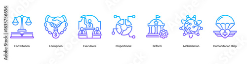 Government Reform web banner icon vector illustration for topics on budget deficits, constitutional law, corruption, government executives, proportional systems, political reform, and globalization.