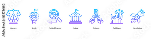 Political Action web banner icon vector illustration for electoral systems, policy formation, censure, single-party dynamics, federal governance, activism, civil rights, and revolutionary movements.