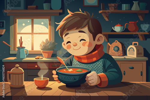Boy with rosy cheeks enjoying warm homemade soup in a cozy kitchen