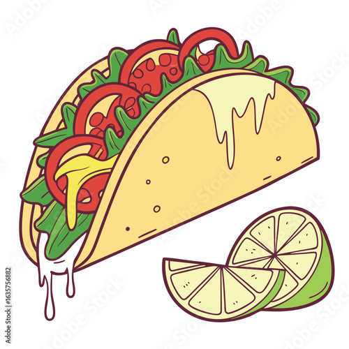 Illustration of a taco filled with lettuce tomatoes and cheese next to lime wedges on a white background