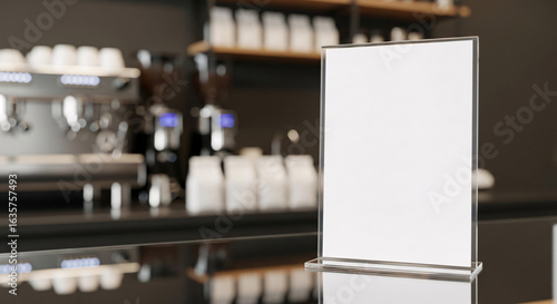 Clear acrylic sign holder mockup on counter in a cafe environment, advertisement space