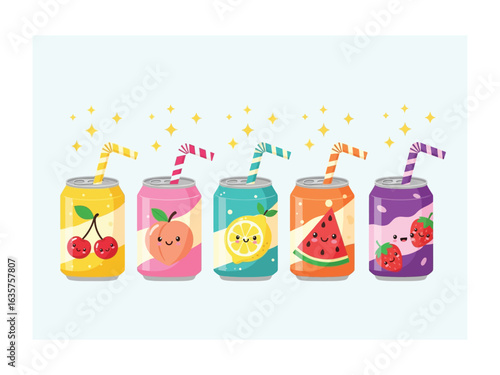 Animated Refreshment Array: A vibrant and charming illustration showcases five colorful soda cans, each adorned with a unique fruit character and a whimsical straw.