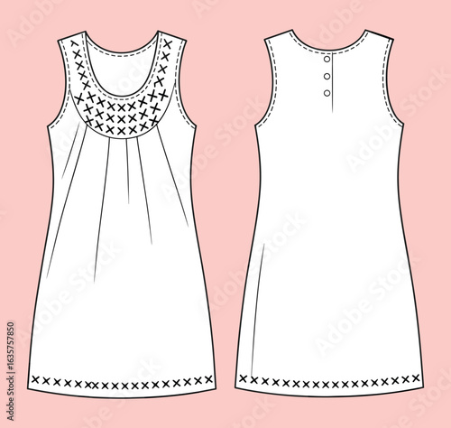 Fashion flat technical sketch of a sleeveless swing dress, front and back view, with embroidered yoke and hem, a vector apparel template.