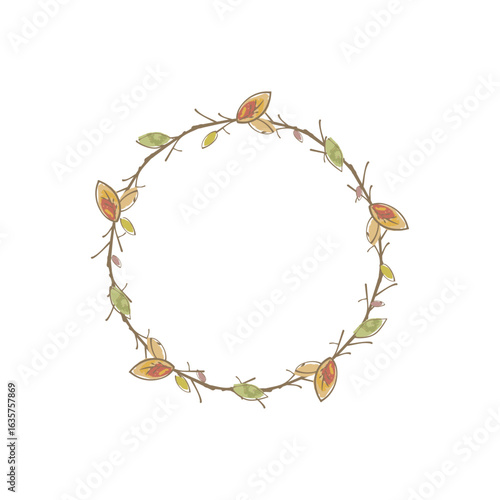 枯れ葉と小枝の秋の丸い紅葉フレーム　手描き水彩、ベクター、イラスト