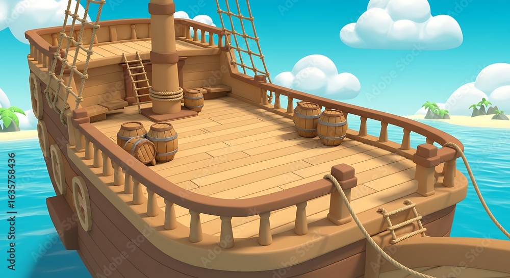 Fototapeta premium Cartoon Pirate Ship Deck with Barrels and Islands