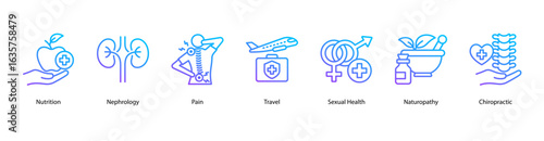 Holistic Health web banner icon vector illustration featuring Nutrition, Nephrology, Pain, Travel, Sexual Health, Naturopathy, and Chiropractic.