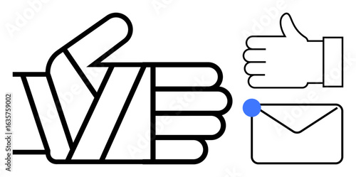 Black outline thumbs-up paired with envelope marked by a blue dot symbolizing message approval, positivity, or interaction. Ideal for communication, email marketing, feedback, digital approval