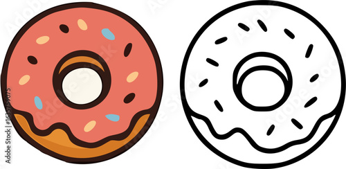 Colorful and outlined donuts, one with sprinkles, perfect for dessert or treats.