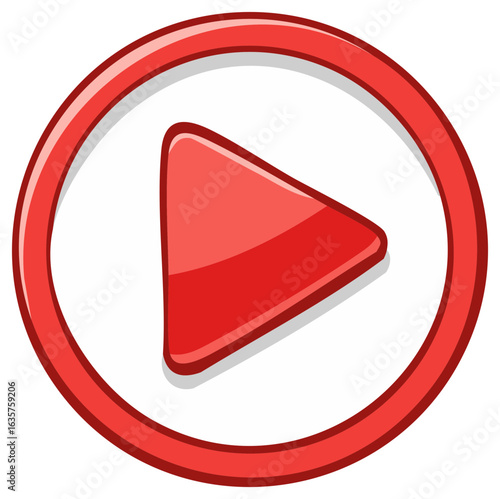 Glossy red play button symbol with circular outline on white background