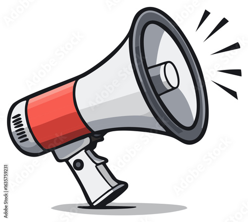 Cartoon vector illustration of a red and white megaphone for announcing and communication