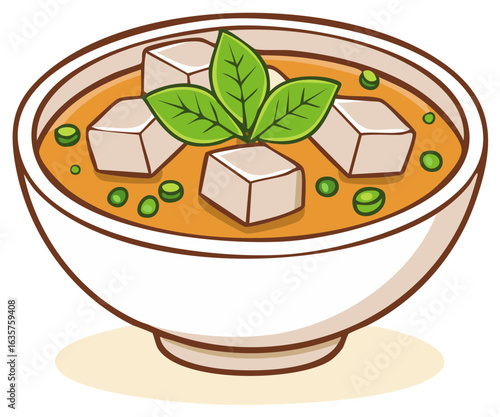 Cartoon illustration of a bowl of miso soup with tofu and herbs