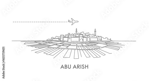 Abu Arish Skyline Line Art with Plane.