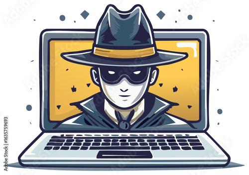 Anonymous hacker wearing a hat and mask appears on a laptop screen representing cybercrime and data breach