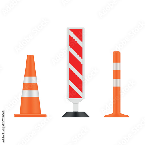 Vector set of traffic cones and barriers designed to ensure road safety and construction work. Ideal for visually demonstrating traffic rules and safety measures.