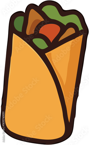 Illustration of a wrapped burrito or shawarma with visible fillings like meat and lettuce.