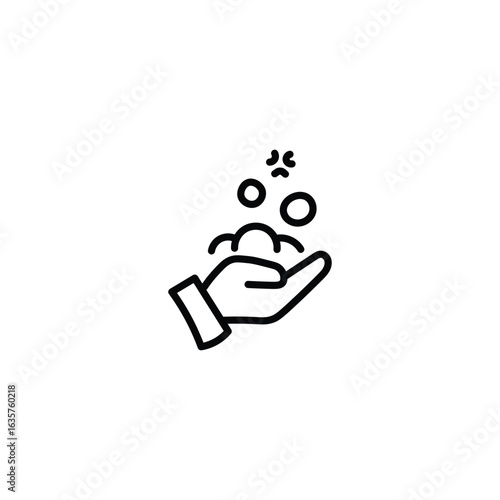 Outline icon of a hand being washed with soap bubbles. Perfect for hygiene and cleaning instructions
