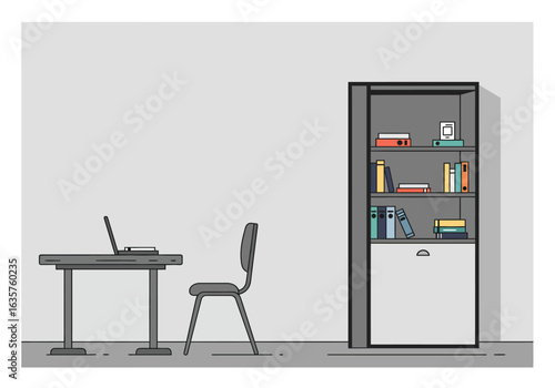 Simple line drawing of a modern office space with a desk, chair, laptop, and bookcase.