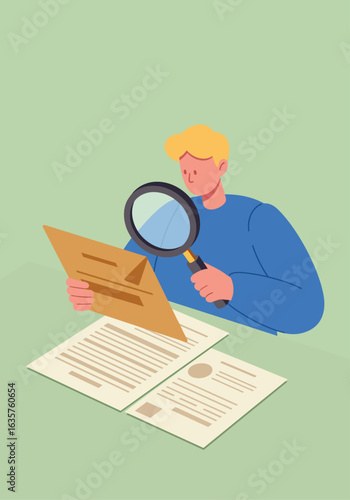A young man with a magnifying glass is carefully reading and examining documents and an envelope.