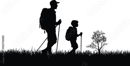 Father and child hiking silhouette, trekking together with backpacks and poles across a grassy landscape towards a distant tree, a bonding outdoor adventure vector.