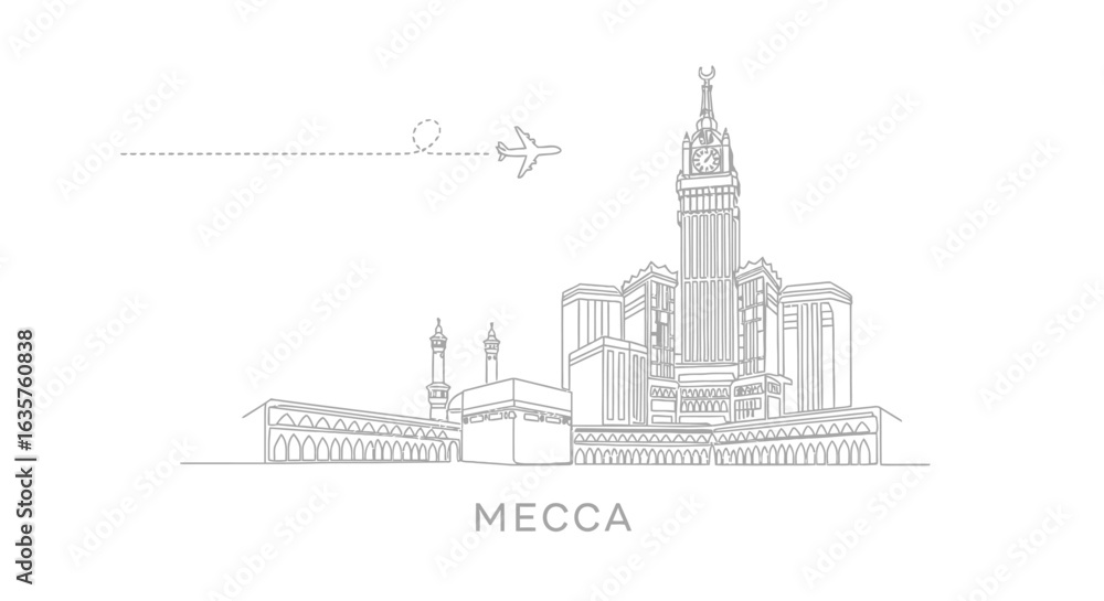 Fototapeta premium Mecca Skyline Travel to Saudi Arabia Line art.