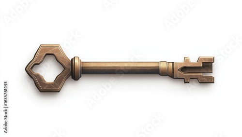 Golden antique key isolated on a white background, vector illustration. Close-up view of a golden vintage door or lock key