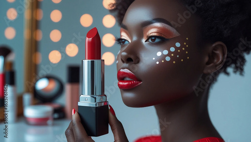Red lipstick, makeup and profile of black woman in studio with beauty, makeover and self care. Cosmetics, mockup space and African female person with facial cosmetology and gloss by white background.