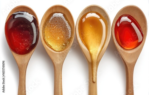 Four wooden spoons with different colors of maple syrup - brown, red, and yellow - on them, isolated on a white background.