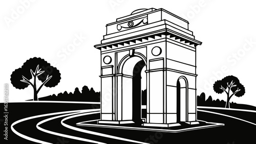 "India Gate vector illustration with detailed architecture, iconic New Delhi monument design, perfect for travel posters, cultural projects, souvenirs, and tourism banners"


