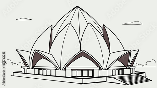 "Lotus Temple vector illustration in modern geometric abstract style, iconic New Delhi architecture, perfect for cultural posters, travel art, souvenirs, and architectural designs