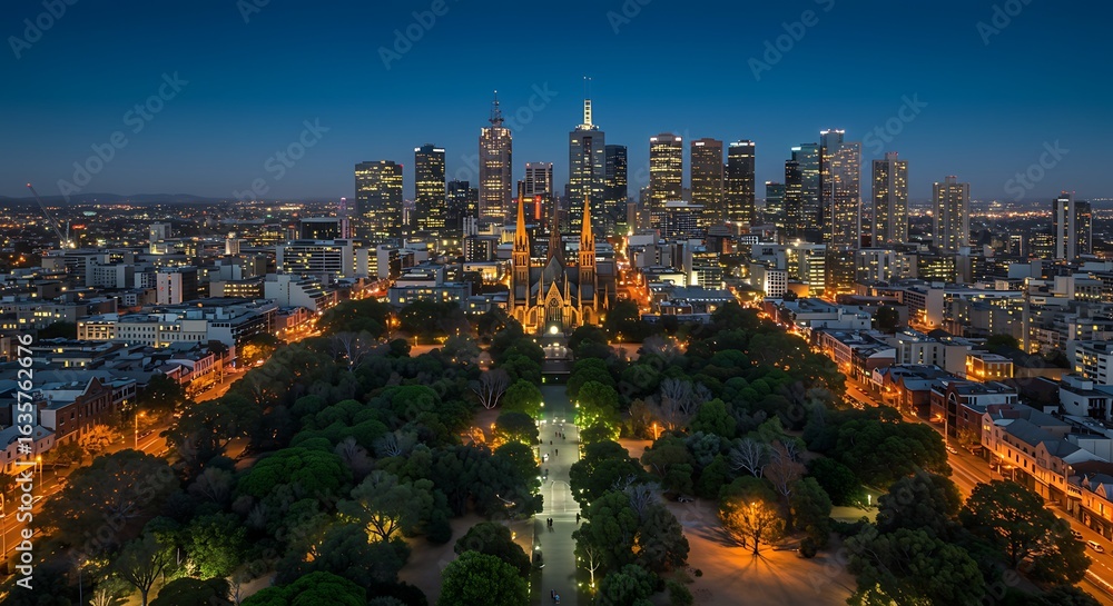 Obraz premium MELBOURNE, AU - Oct 12, 2024: Aerial night view of Melbourne city skyline with illuminated skyscrapers and St Patrick's Cathedral in the foreground. - captured in perfect lighting