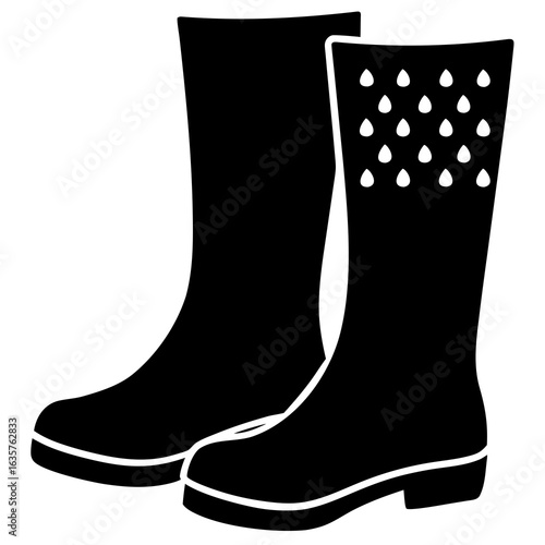 Black rain boots with white raindrops rubber boots